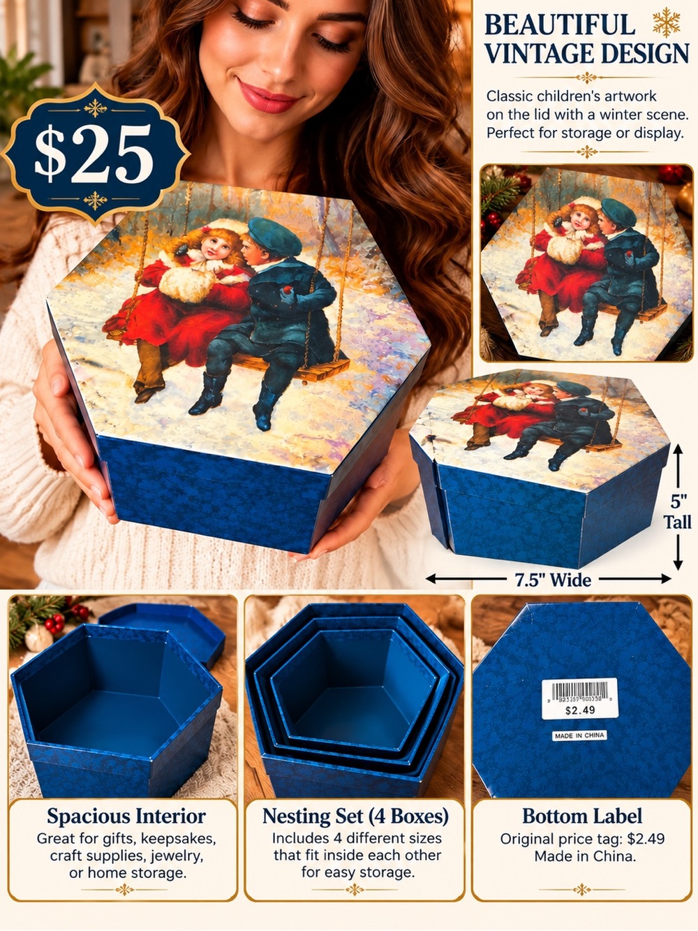 Vintage Hexagonal Nesting Boxes with Winter Children Illustration/Blue